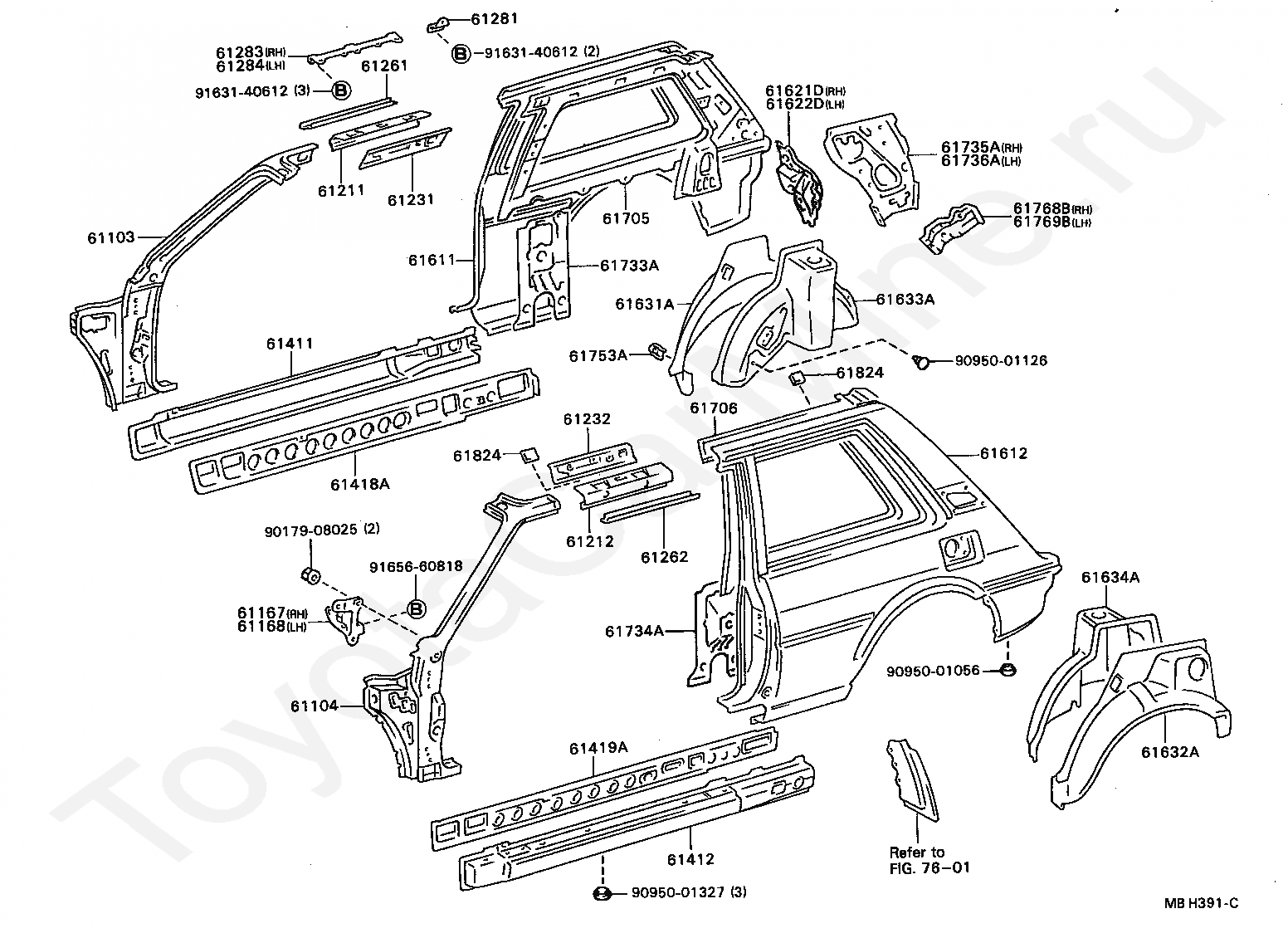 Каталог тойота по номеру кузова. Боковина кузова Тойота Королла. Panel, Roof Side, Outer LH. 61607-13903 Toyota. 61419a.