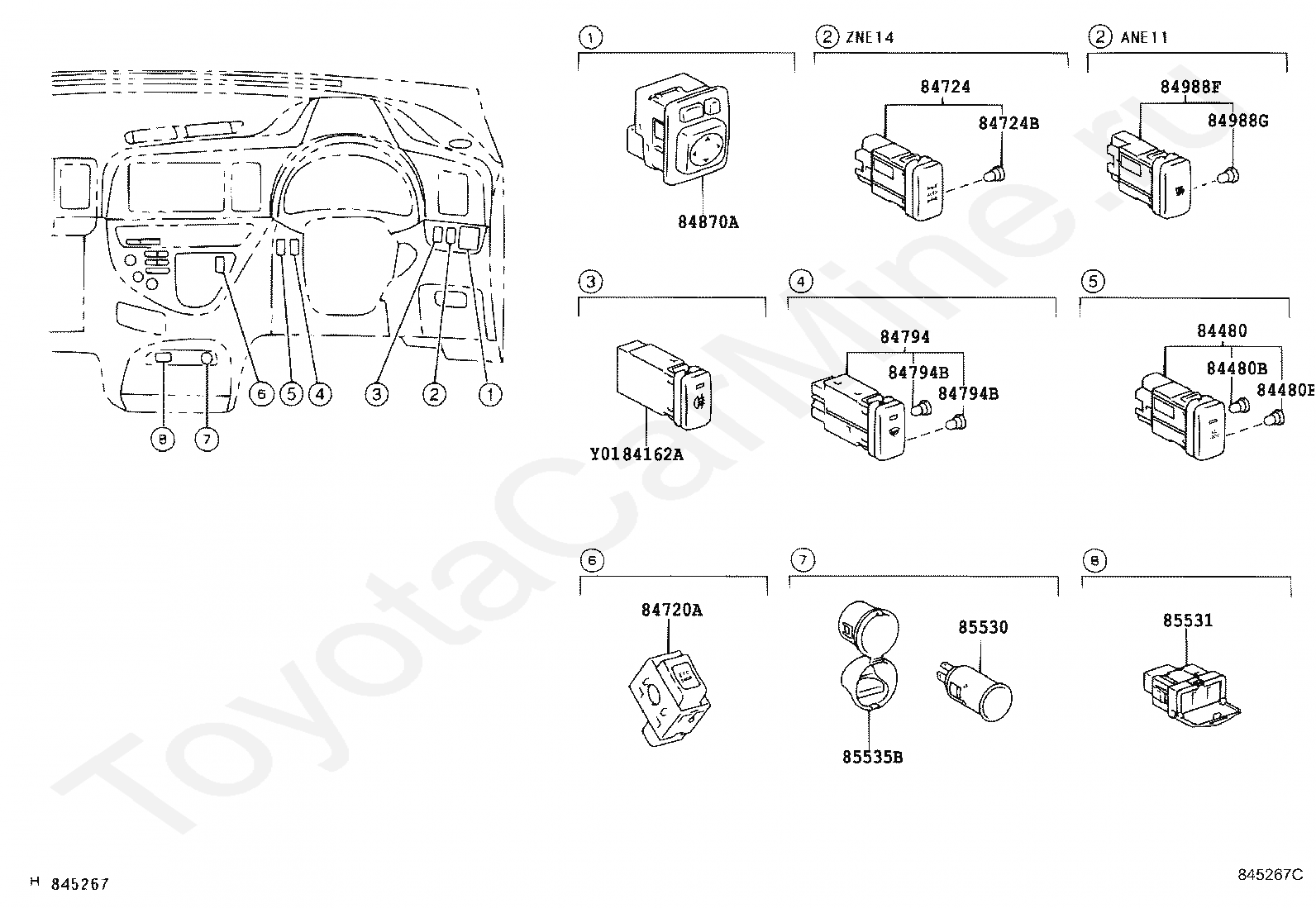 Переключатель Toyota 84244-68020-b0. Электропроводка Toyota Wish. (1azfse) 2000cc 16-Valve DOHC EFI сеточка ТНВД артикул.