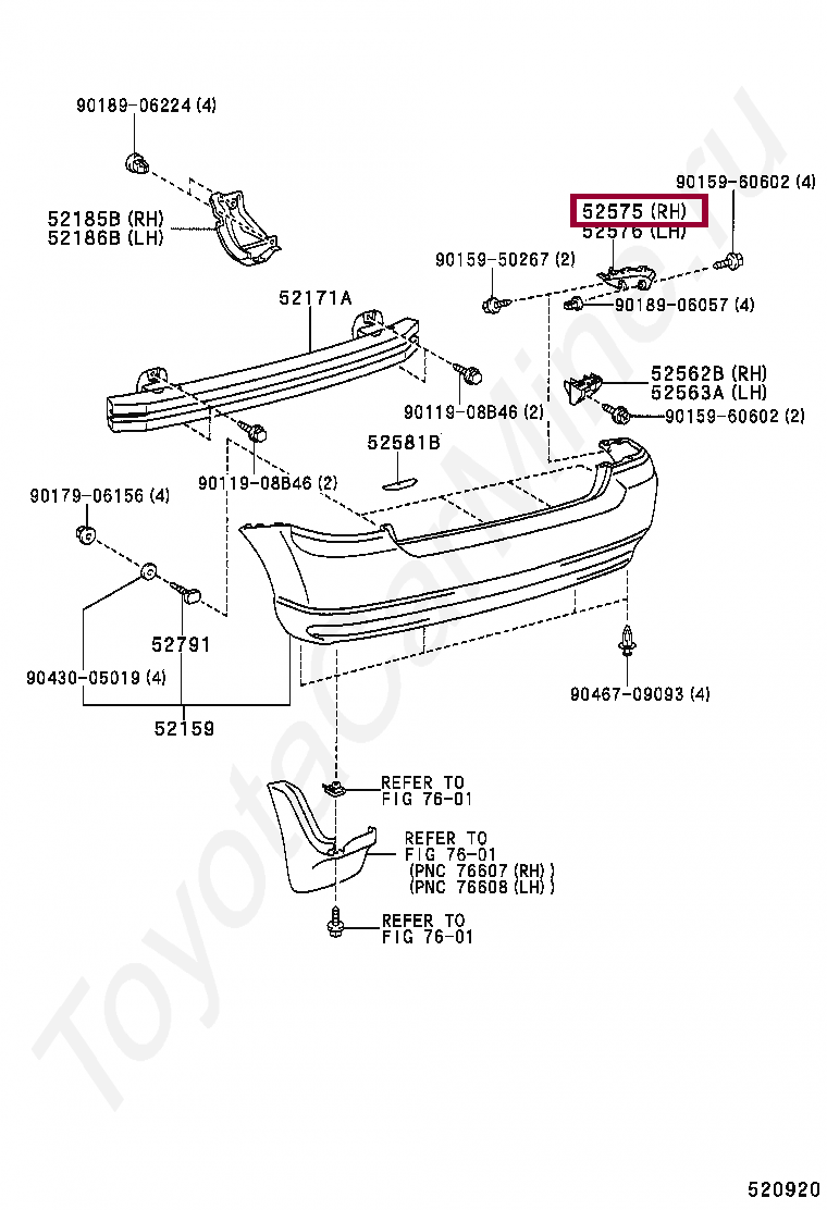 Запчасти Тойота: RETAINER, REAR BUMPER SIDE, RH (5257513030)