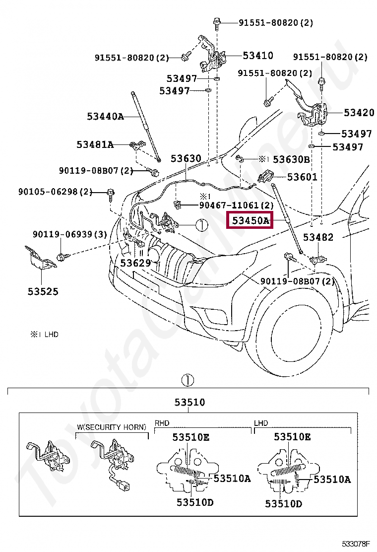Запчасти Тойота: SUPPORT ASSY, HOOD, LH (534500W230)