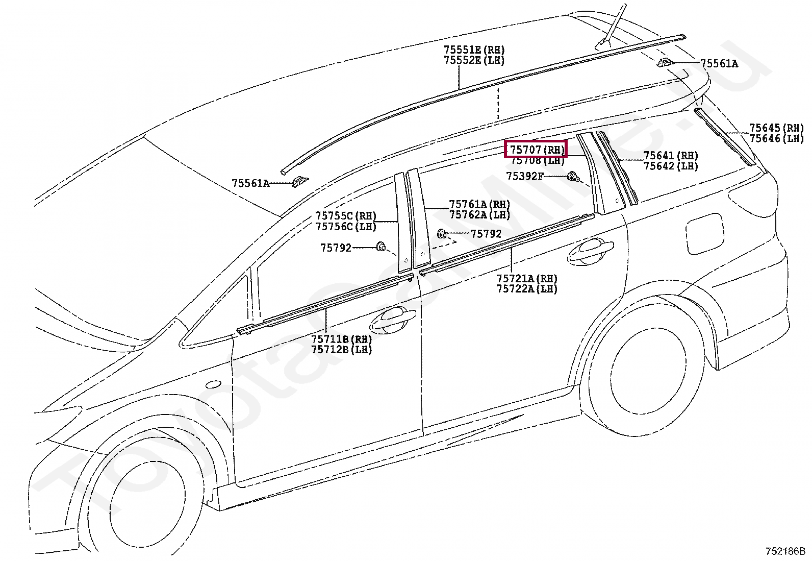 Запчасти Тойота: MOULDING SUB-ASSY, REAR DOOR WINDOW FRAME, RH (7570768021)