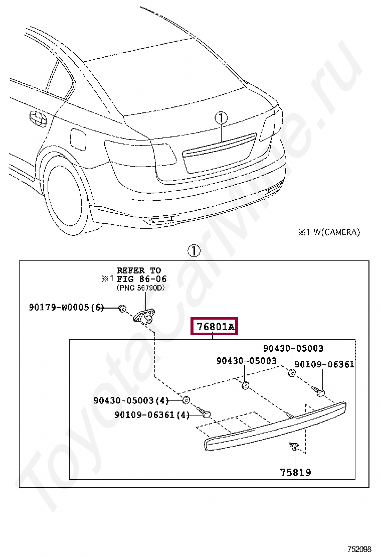 Запчасти Тойота: GARNISH SUB-ASSY, LUGGAGE COMPARTMENT DOOR, OUTSIDE  (7680105200)