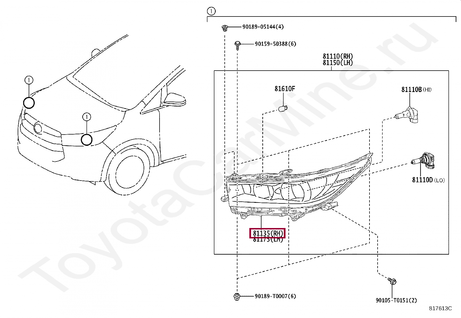 Запчасти Тойота: UNIT ASSY, HEADLAMP, RH (811300K580)